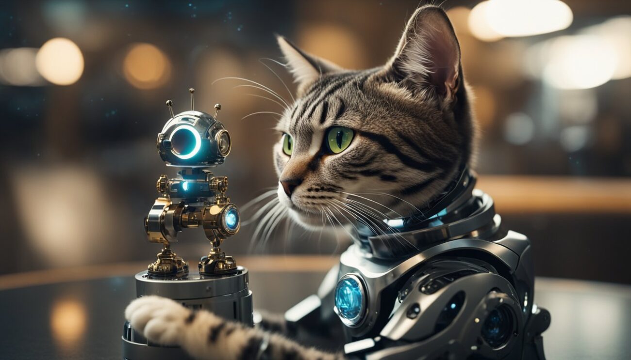 conversation between a time-traveling cat and a robot from the future